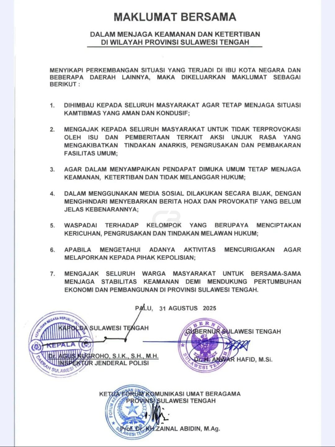 Maklumat Bersama Pejabat Sulteng: Suara Rakyat yang Tak Boleh Diheningkan