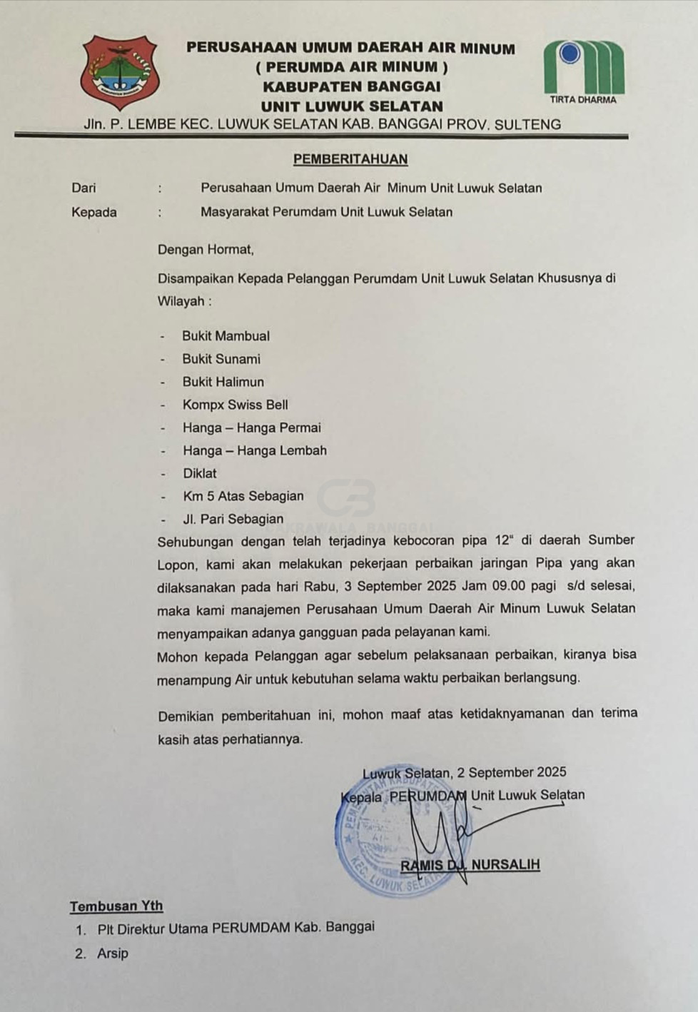 Perbaikan Pipa Bocor, Suplai Air Bersih di Luwuk Selatan Terganggu